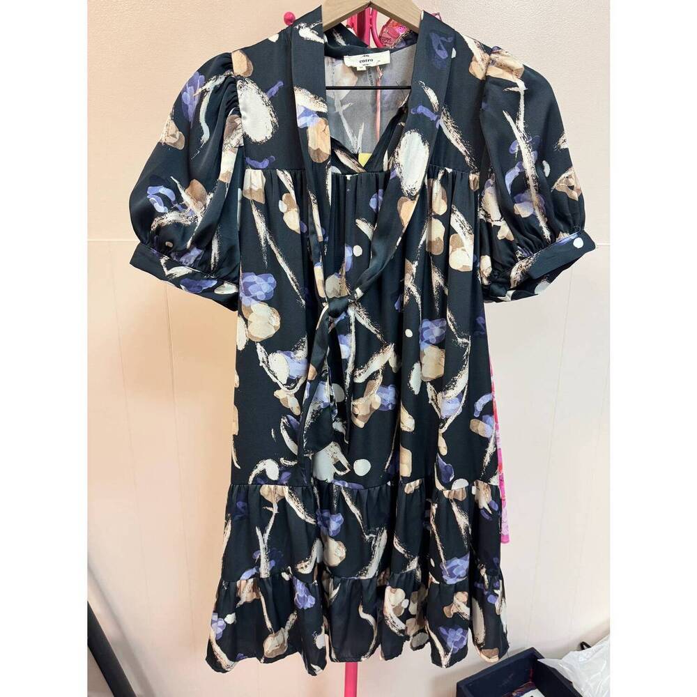 NEW ENTRO women's floral silky mini dress in black